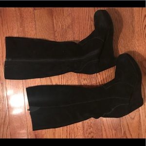 Black Suede Wedge Knee-High Boots